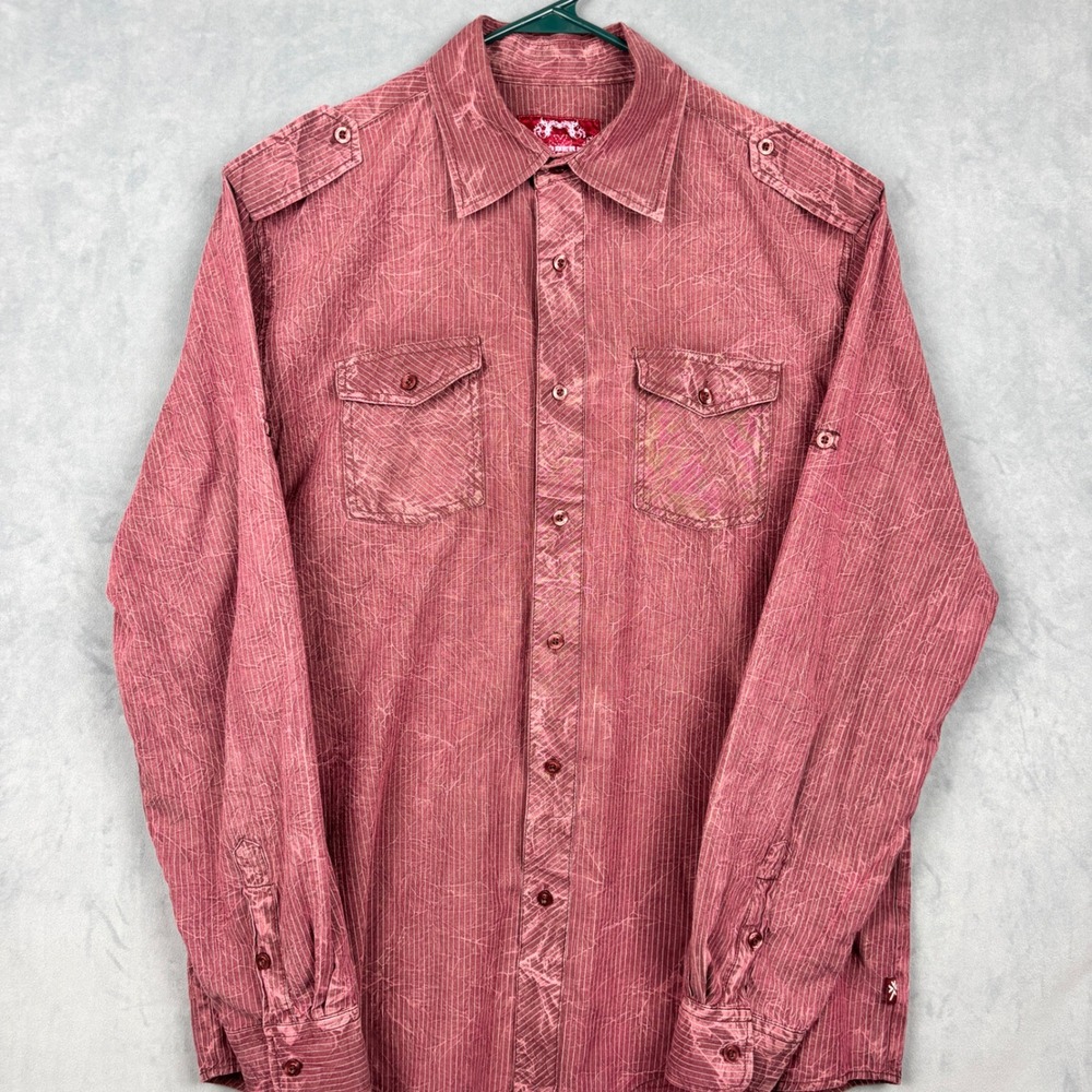 Modern Culture Mens Large Burgundy Pinstripe Acid Wash Long Sleeve Button Down